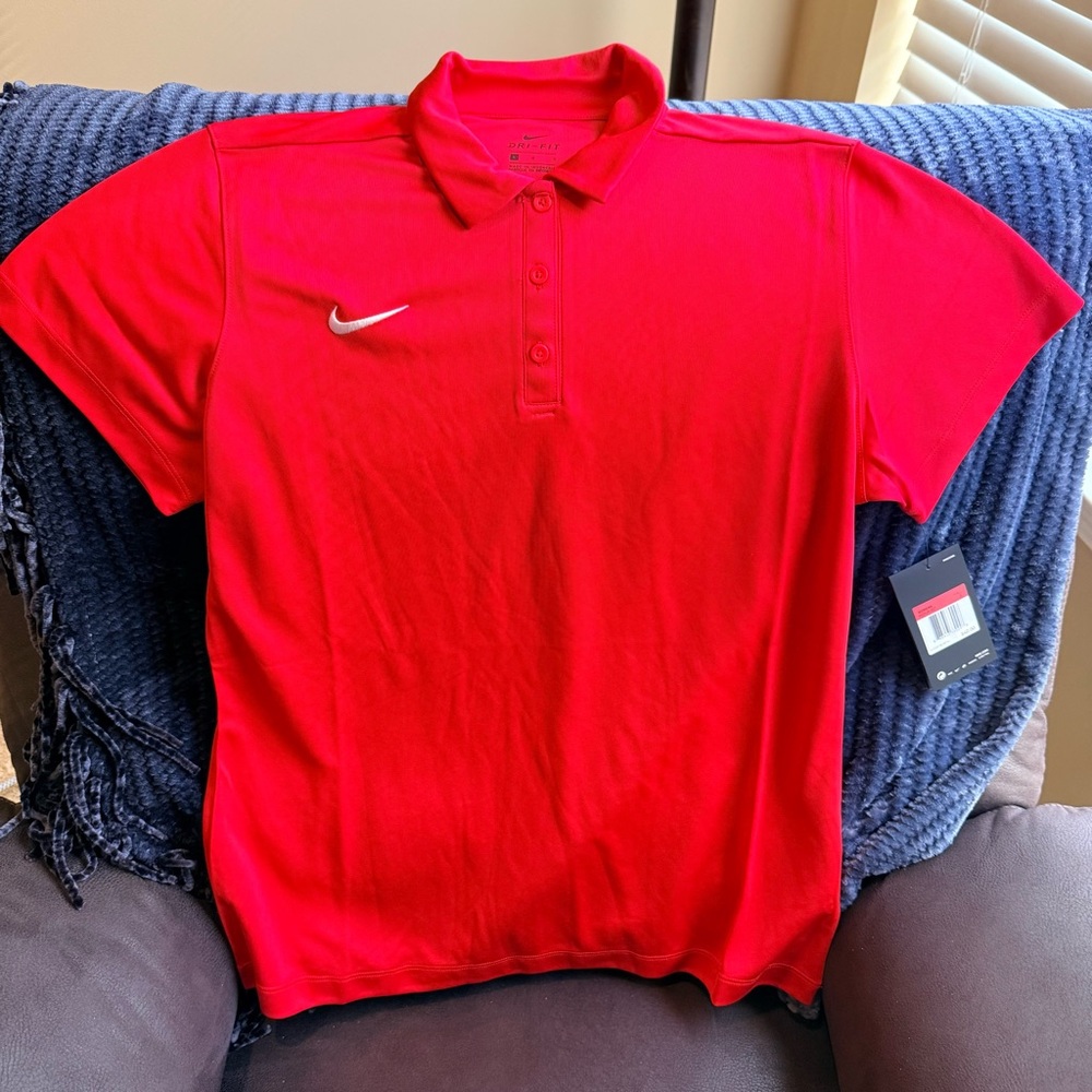 NWT, Large, Nike women's Red dri fit Polo Shirt with Swoosh